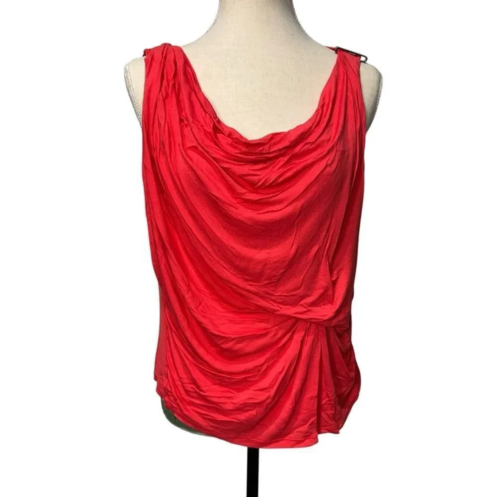 Michael Kors Solid Coral Draped Tank with Knotted Shoulder Blouse Casual Chic L